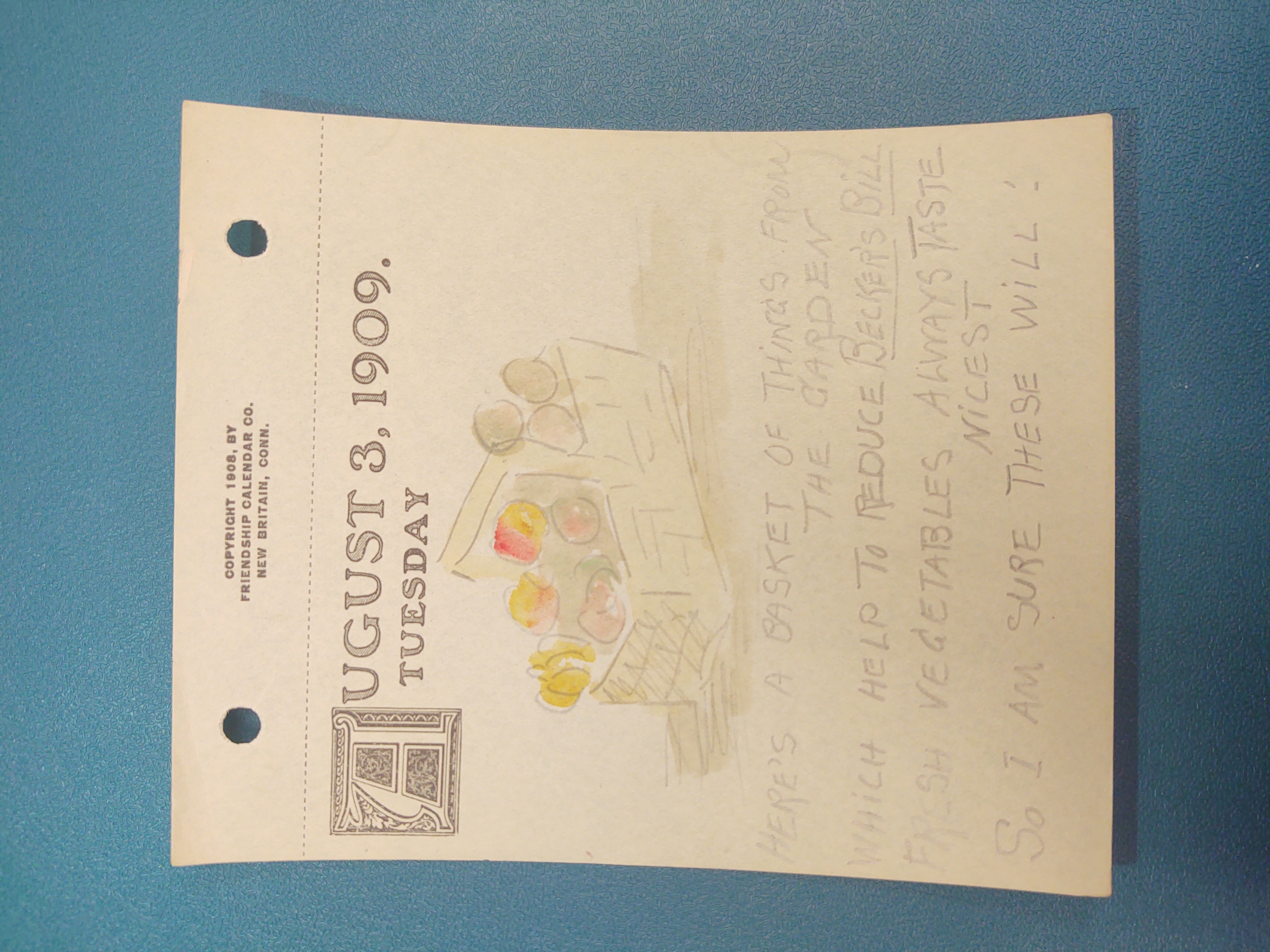 August 3, 1909. Tuesday: A basket of fruits and vegetables is drawn using pencil and watercolor. The pencil is faded, but surprisingly legible.