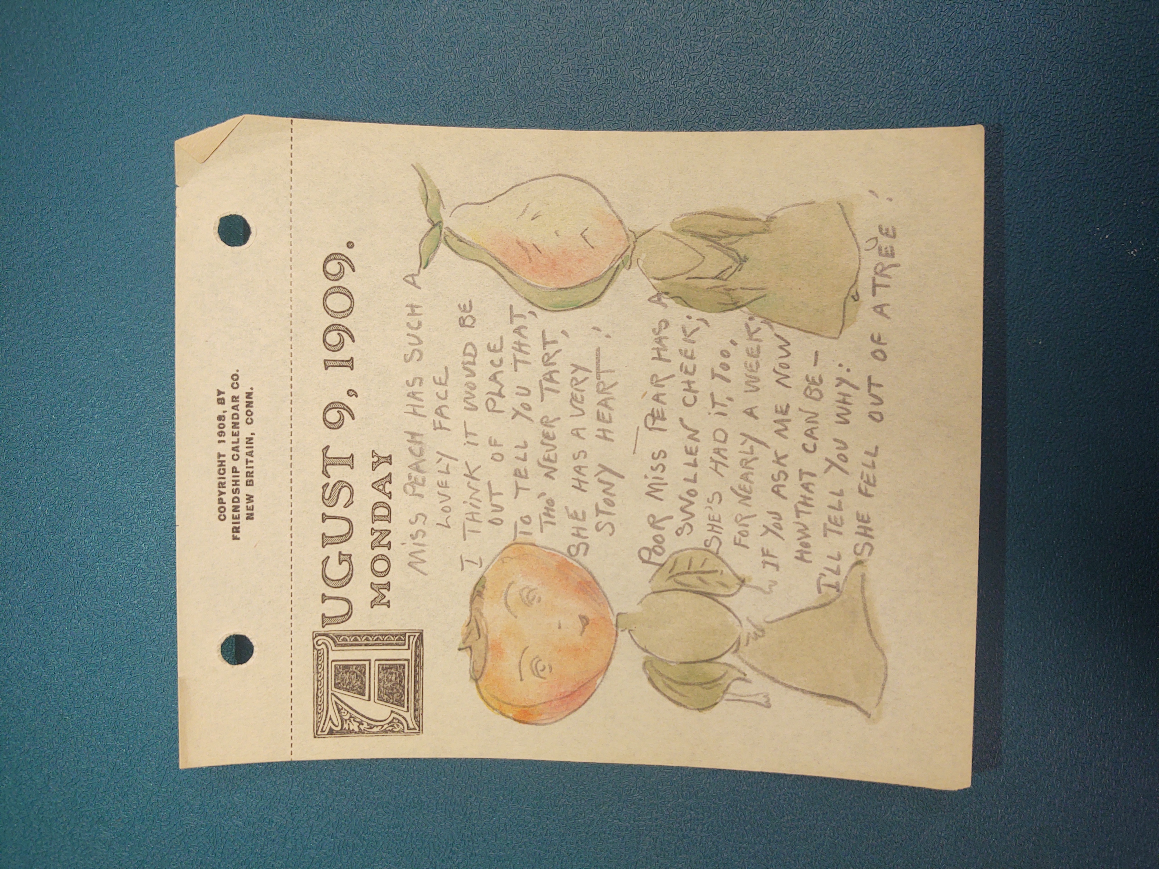 August 9, 1909. Monday: An anthropomorphic peach or tomato lady is on the left of the page and a pear lady is drawn on the right. They are made with pencil and watercolor, and the text is about them.
