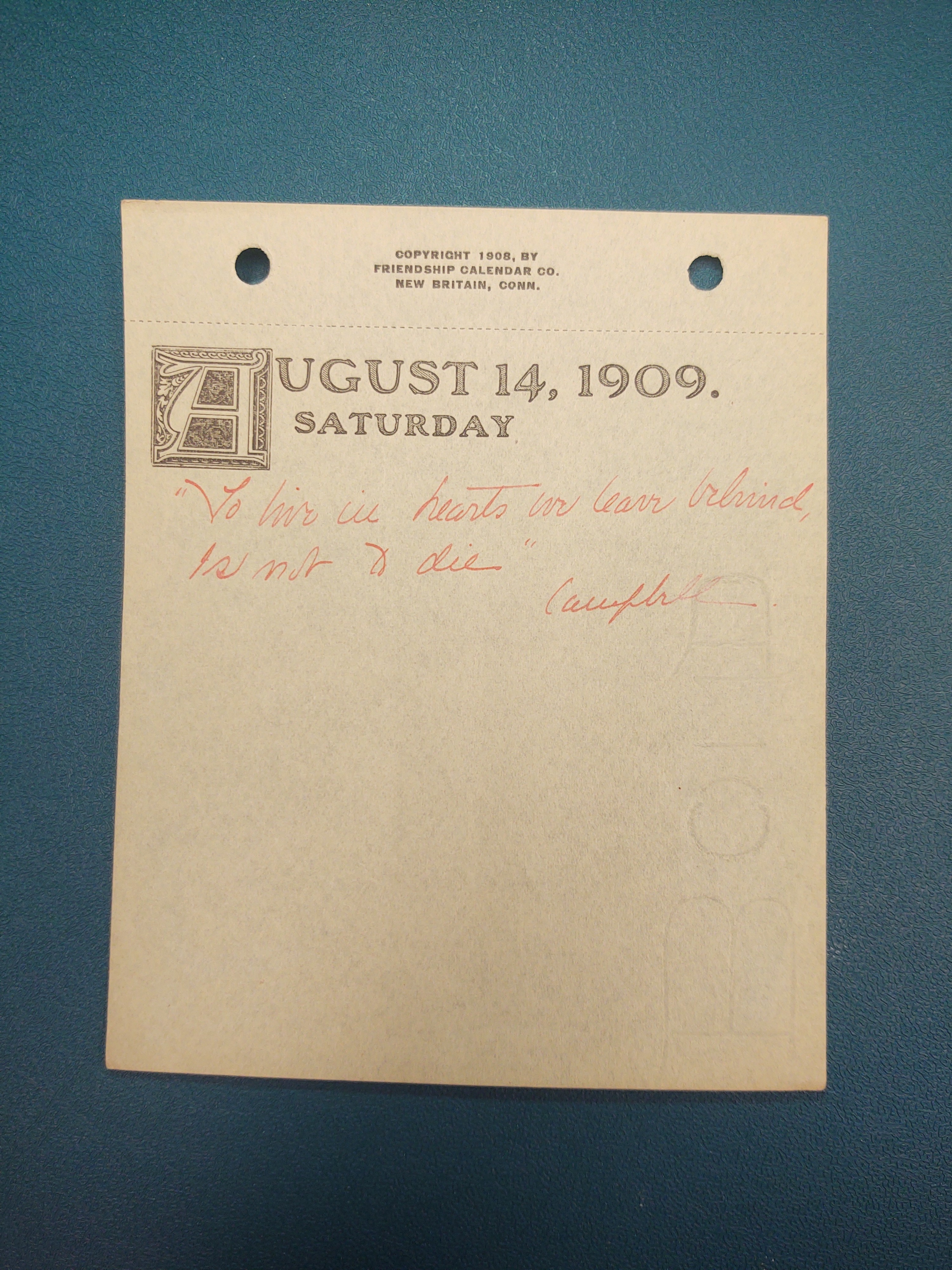 August 14, 1909. Saturday: There is no image here, just red pen.
